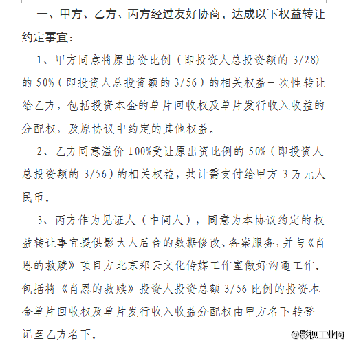 网络大电影项目《肖恩的救赎》的投资人将收益权翻倍转让！