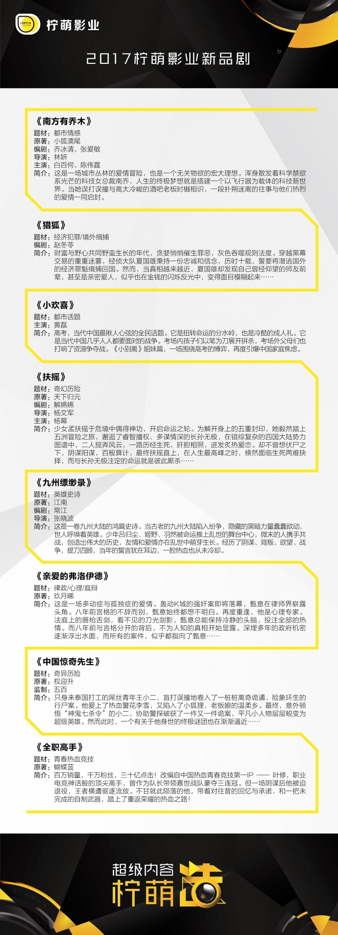 超级内容柠萌造!柠萌影业发布2017新品剧 现实精品、历史鸿篇、新锐网剧齐发力